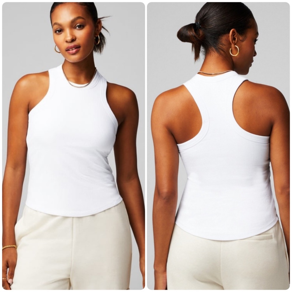 Fabletics High Neck White Ribbed Tank Top Built-In Bra Size XS NWT